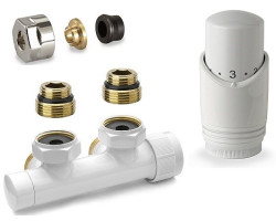 Set pro radiátory, termostatický rohový ventil H s hlavicí M30x1,5, svěrné šroubení, pro měď, středové připojení, bílá