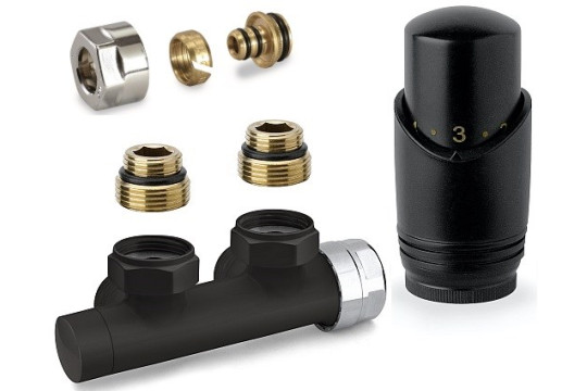Set pro radiátory, termostatický rohový ventil H s hlavicí M30x1,5, svěrné šroubení, pro PEX-AL-PEX, středové připojení, černá mat Set pro radiátory, termostatický rohový ventil H s hlavicí M30x1,5, svěrné šroubení, pro PEX-AL-PEX, středové připojení, černá mat