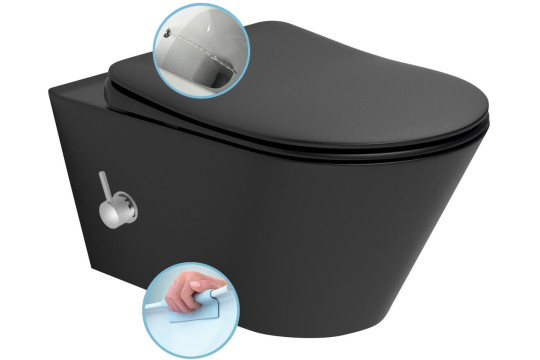 AVVA závěsná WC mísa Rimless, integrovaná baterie a bidet. sprška, 35,5x53 cm, černá mat AVVA závěsná WC mísa Rimless, integrovaná baterie a bidet. sprška, 35,5x53 cm, černá mat