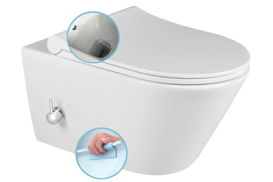 AVVA závěsná WC mísa Rimless, integrovaná baterie a bidet. sprška, 35,5x53 cm, bílá AVVA závěsná WC mísa Rimless, integrovaná baterie a bidet. sprška, 35,5x53 cm, bílá