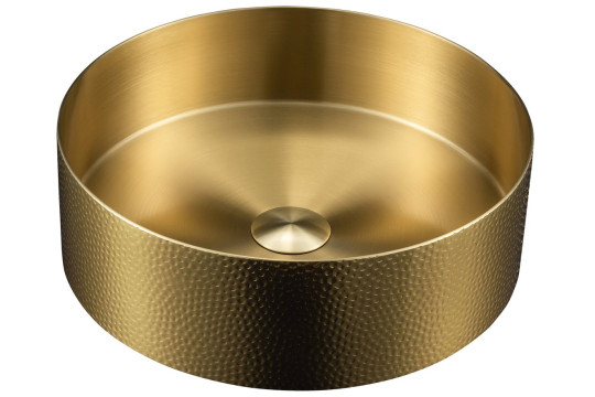 AURUM nerezové umyvadlo na desku, průměr 38 cm, včetně výpusti, tepané, zlato mat AURUM nerezové umyvadlo na desku, průměr 38 cm, včetně výpusti, tepané, zlato mat