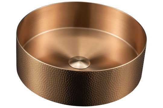 AURUM nerezové umyvadlo na desku, průměr 38 cm, včetně výpusti, tepané, měď mat AURUM nerezové umyvadlo na desku, průměr 38 cm, včetně výpusti, tepané, měď mat
